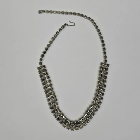 Vintage 3 Row Clear Crystal Rhinestone Collar Choker Necklace Retro 60s 15" Long - Picture 4 of 9